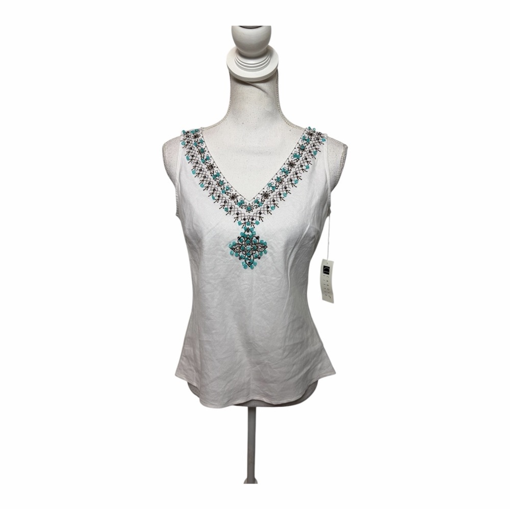 Carole Little White Blue Brown Tank Top Embellishments Women Small 100% Linen